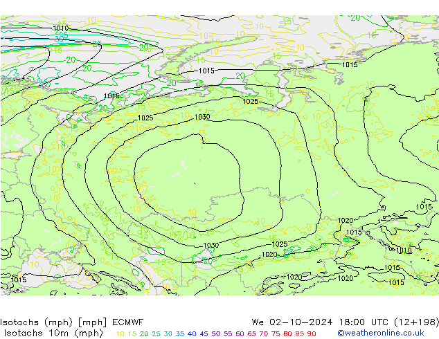 Isotachs (mph) ECMWF mer 02.10.2024 18 UTC