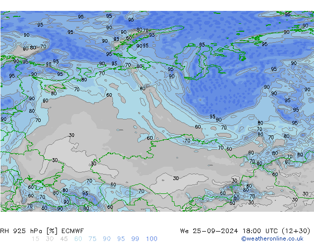 RH 925 hPa ECMWF Mi 25.09.2024 18 UTC