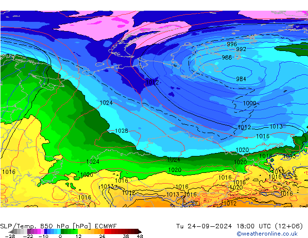 SLP/Temp. 850 hPa ECMWF wto. 24.09.2024 18 UTC