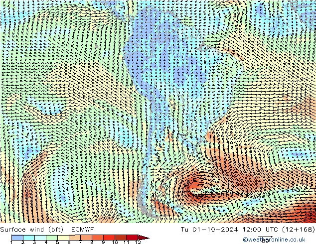 Wind 10 m (bft) ECMWF di 01.10.2024 12 UTC