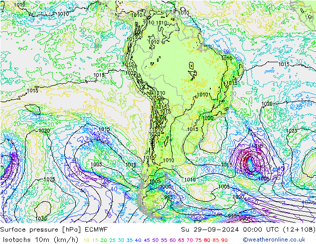 Isotachs (kph) ECMWF Dom 29.09.2024 00 UTC