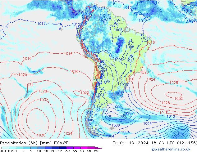 Precipitazione (6h) ECMWF mar 01.10.2024 00 UTC