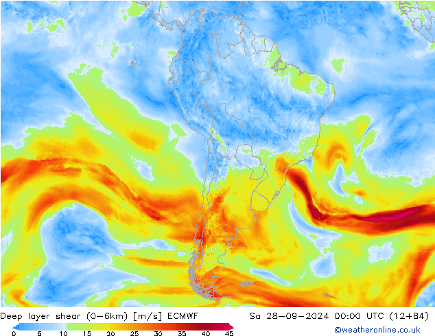 Deep layer shear (0-6km) ECMWF za 28.09.2024 00 UTC