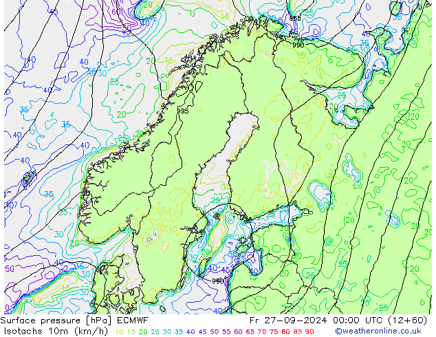 Isotachs (kph) ECMWF пт 27.09.2024 00 UTC