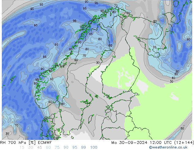 RH 700 гПа ECMWF пн 30.09.2024 12 UTC