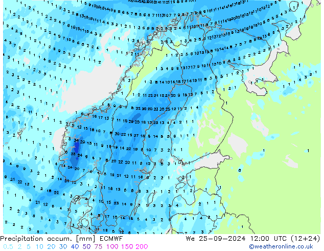 Precipitation accum. ECMWF  25.09.2024 12 UTC