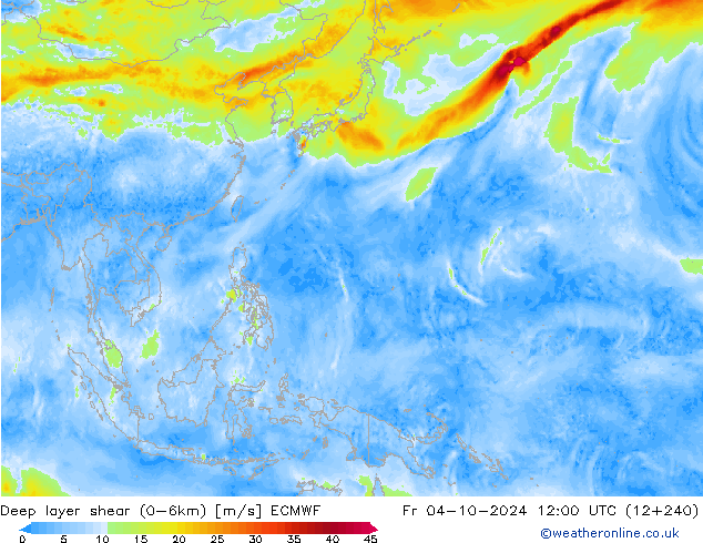 Deep layer shear (0-6km) ECMWF Fr 04.10.2024 12 UTC