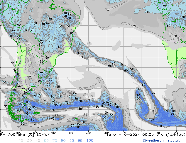 RH 700 hPa ECMWF wto. 01.10.2024 00 UTC