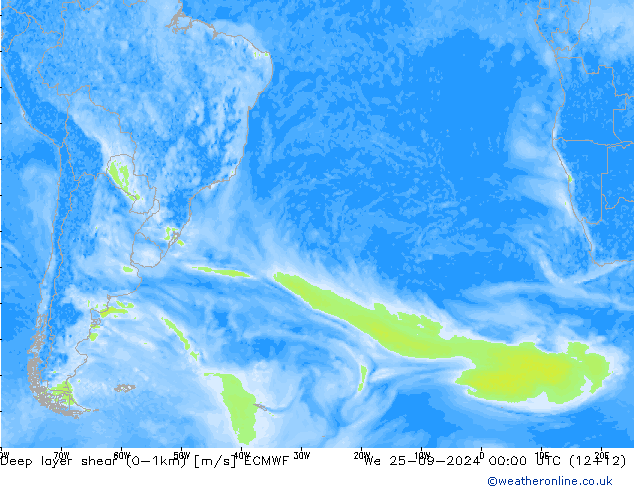 Deep layer shear (0-1km) ECMWF mié 25.09.2024 00 UTC