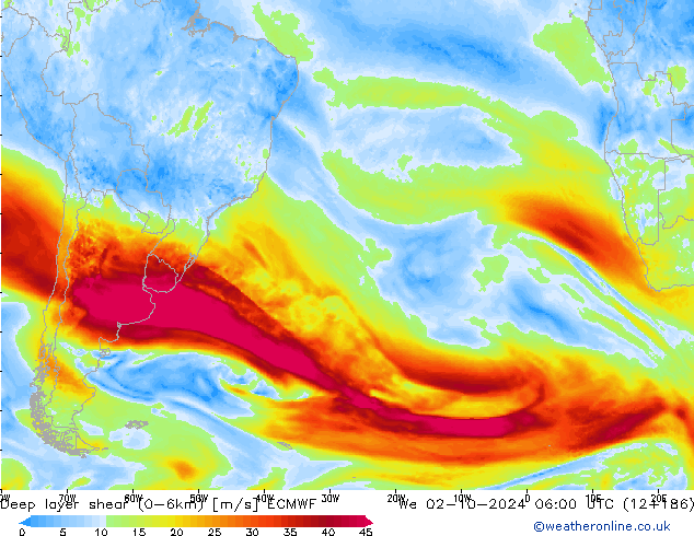 Deep layer shear (0-6km) ECMWF We 02.10.2024 06 UTC