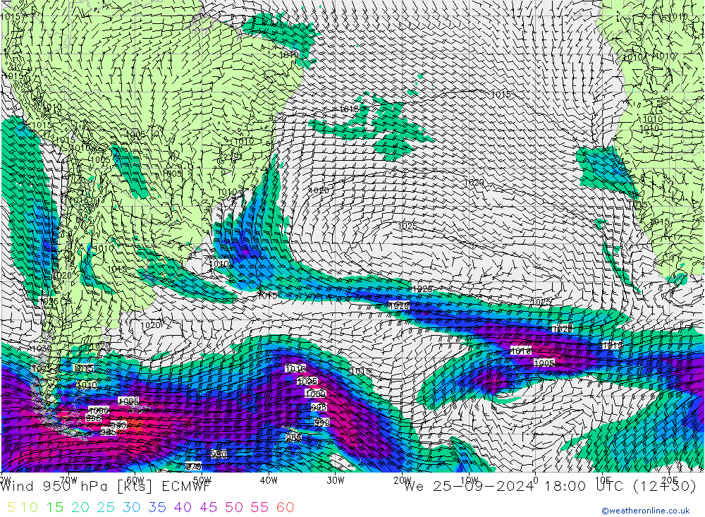 Vento 950 hPa ECMWF Qua 25.09.2024 18 UTC