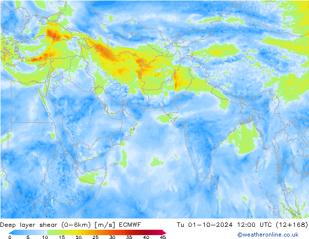 Deep layer shear (0-6km) ECMWF mar 01.10.2024 12 UTC