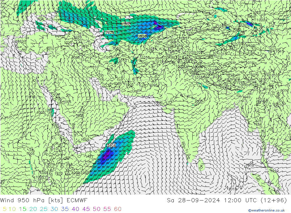 Vento 950 hPa ECMWF sab 28.09.2024 12 UTC