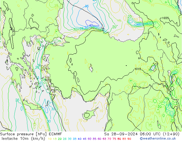 Isotachen (km/h) ECMWF Sa 28.09.2024 06 UTC