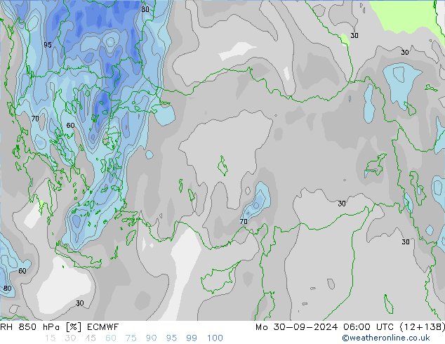 RH 850 гПа ECMWF пн 30.09.2024 06 UTC