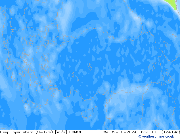 Deep layer shear (0-1km) ECMWF We 02.10.2024 18 UTC