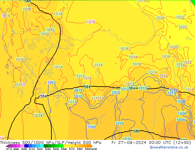 Espesor 500-1000 hPa ECMWF vie 27.09.2024 00 UTC