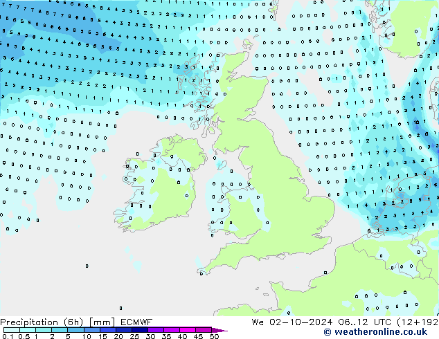 Totale neerslag (6h) ECMWF wo 02.10.2024 12 UTC