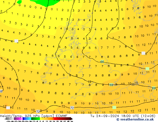 Height/Temp. 925 hPa ECMWF wto. 24.09.2024 18 UTC