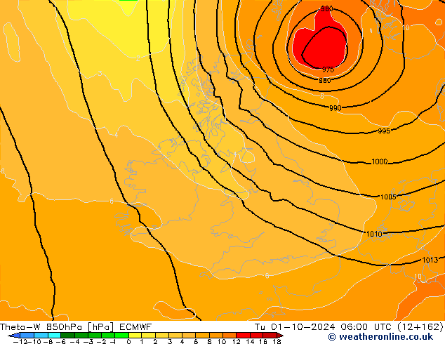 Theta-W 850hPa ECMWF Út 01.10.2024 06 UTC