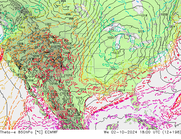 Theta-e 850hPa ECMWF Qua 02.10.2024 18 UTC