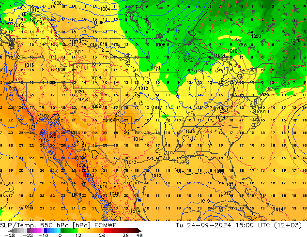 SLP/Temp. 850 hPa ECMWF wto. 24.09.2024 15 UTC