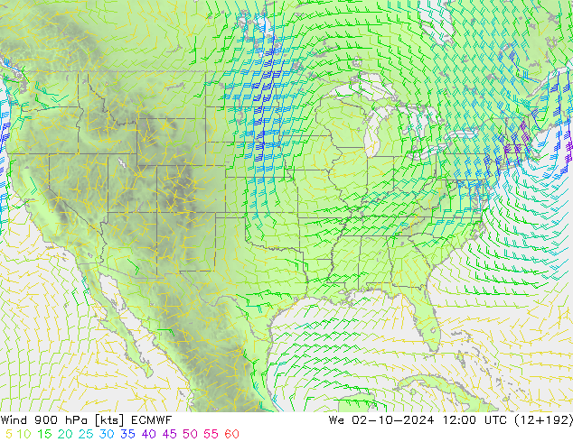 Wind 900 hPa ECMWF We 02.10.2024 12 UTC