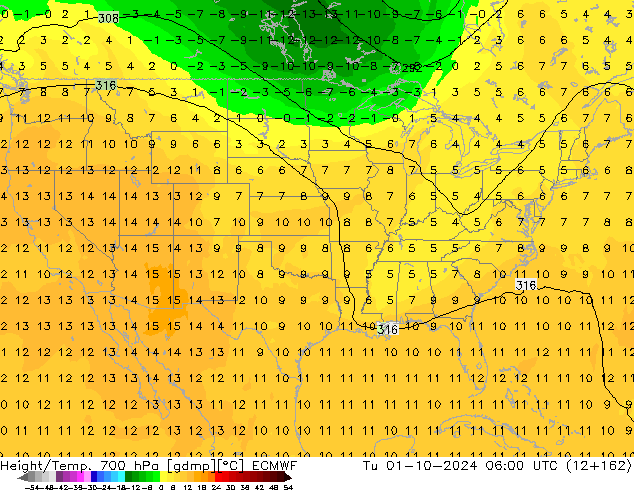 Height/Temp. 700 hPa ECMWF  01.10.2024 06 UTC