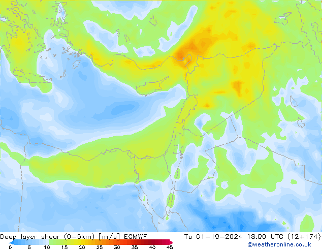 Deep layer shear (0-6km) ECMWF mar 01.10.2024 18 UTC