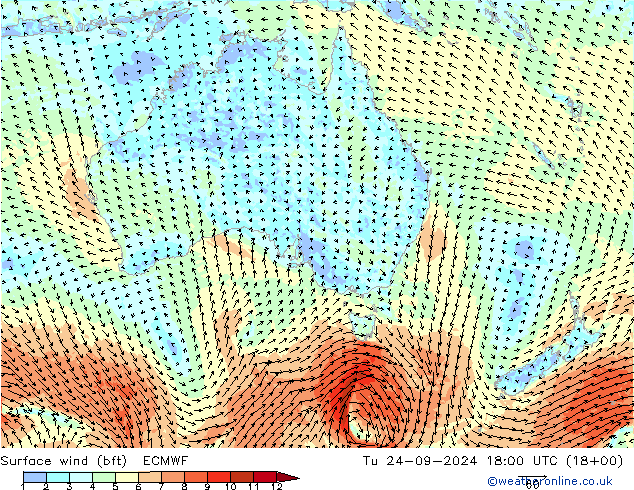 ве�Bе�@ 10 m (bft) ECMWF вт 24.09.2024 18 UTC