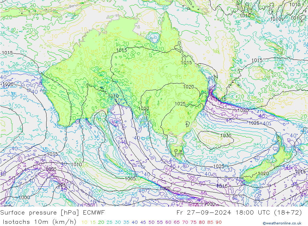 Isotachs (kph) ECMWF Fr 27.09.2024 18 UTC