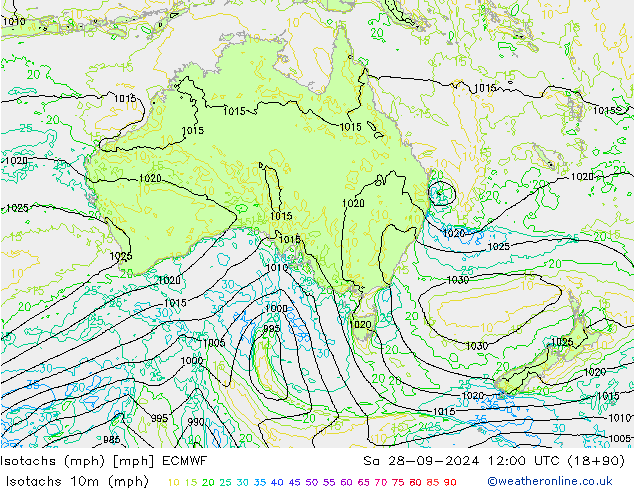 Isotachs (mph) ECMWF sab 28.09.2024 12 UTC