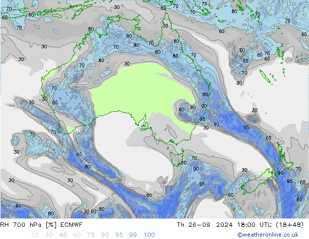 RH 700 hPa ECMWF gio 26.09.2024 18 UTC