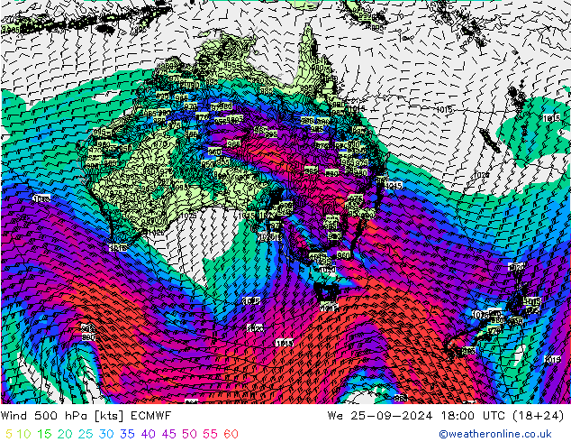 Vento 500 hPa ECMWF mer 25.09.2024 18 UTC