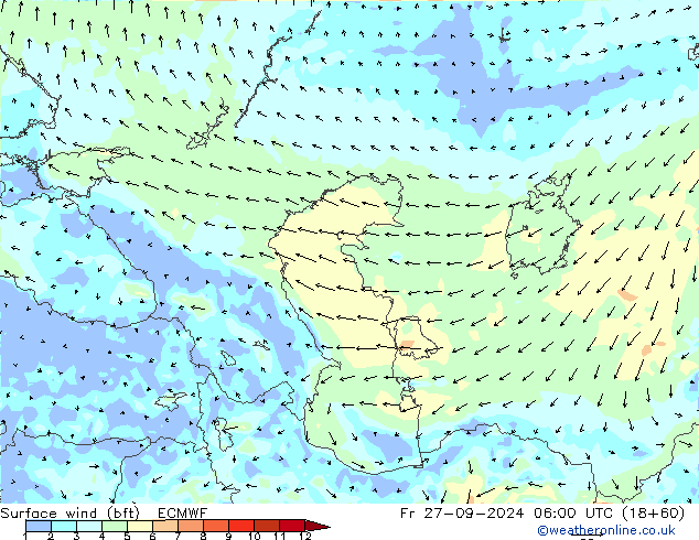 Vento 10 m (bft) ECMWF Sex 27.09.2024 06 UTC