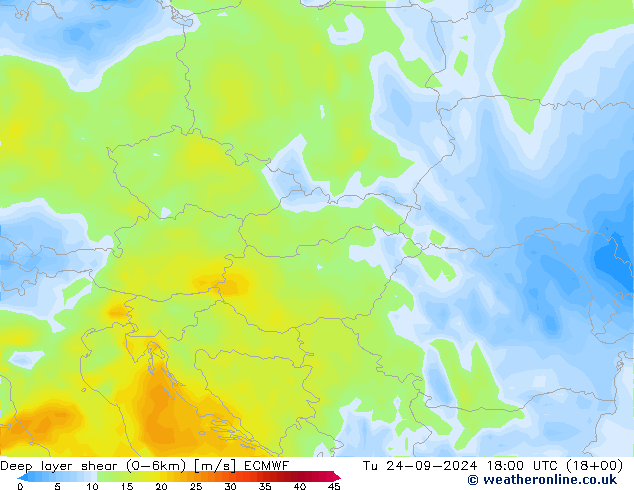 Deep layer shear (0-6km) ECMWF mar 24.09.2024 18 UTC