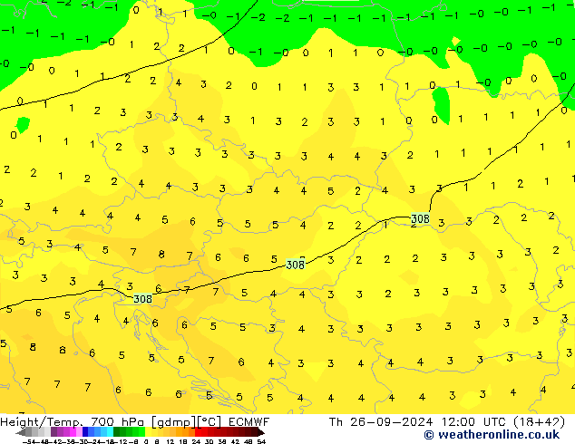 Height/Temp. 700 гПа ECMWF чт 26.09.2024 12 UTC