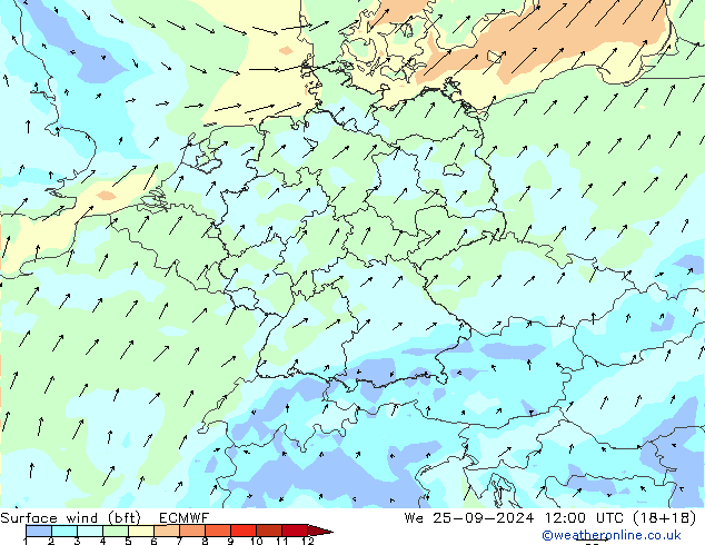 Rüzgar 10 m (bft) ECMWF Çar 25.09.2024 12 UTC