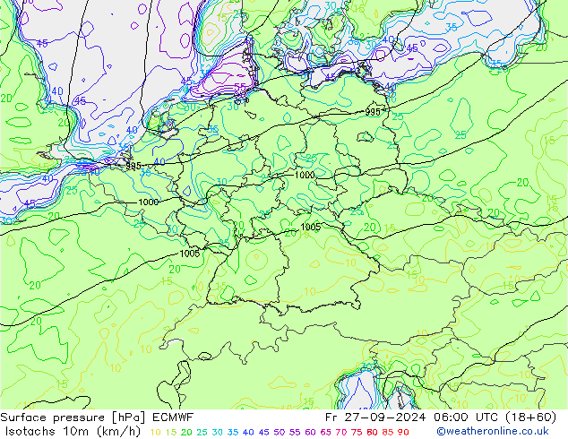 Isotachs (kph) ECMWF  27.09.2024 06 UTC