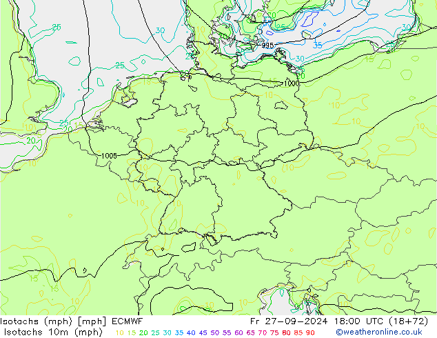 Isotachs (mph) ECMWF Pá 27.09.2024 18 UTC