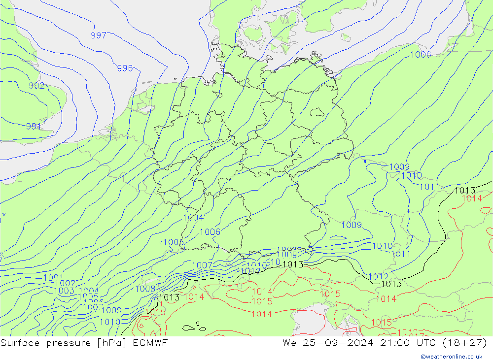 Surface pressure ECMWF We 25.09.2024 21 UTC