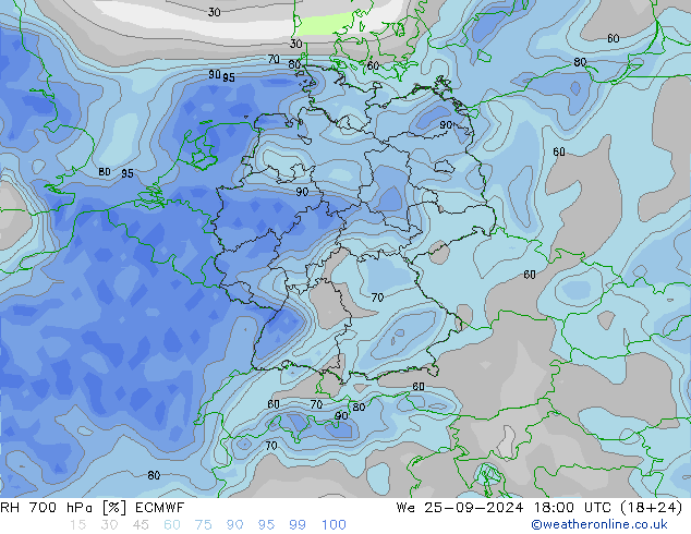 RH 700 гПа ECMWF ср 25.09.2024 18 UTC