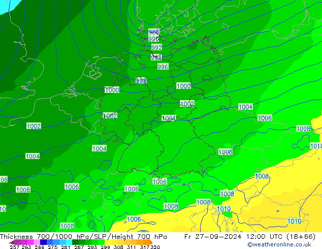 Dikte700-1000 hPa ECMWF vr 27.09.2024 12 UTC