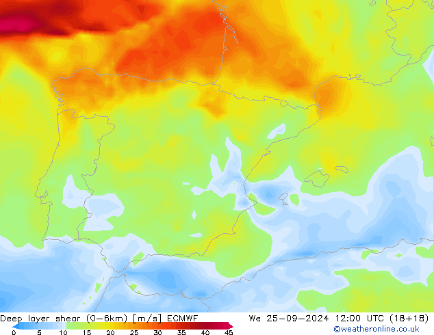 Deep layer shear (0-6km) ECMWF śro. 25.09.2024 12 UTC