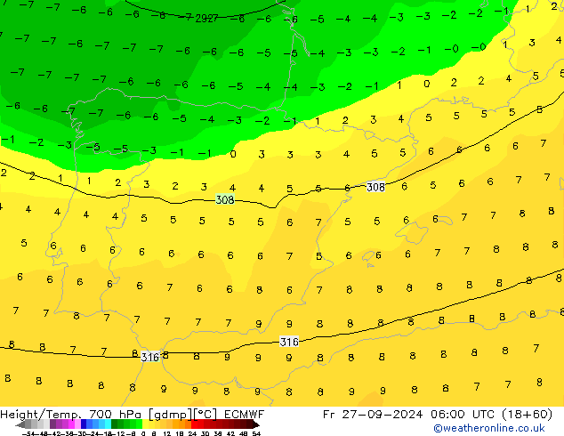 Height/Temp. 700 hPa ECMWF ven 27.09.2024 06 UTC