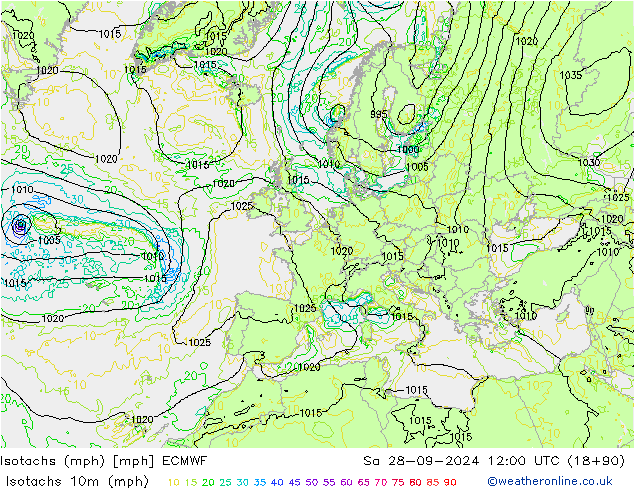 Isotachs (mph) ECMWF  28.09.2024 12 UTC