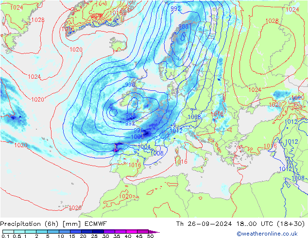 Z500/Rain (+SLP)/Z850 ECMWF Čt 26.09.2024 00 UTC