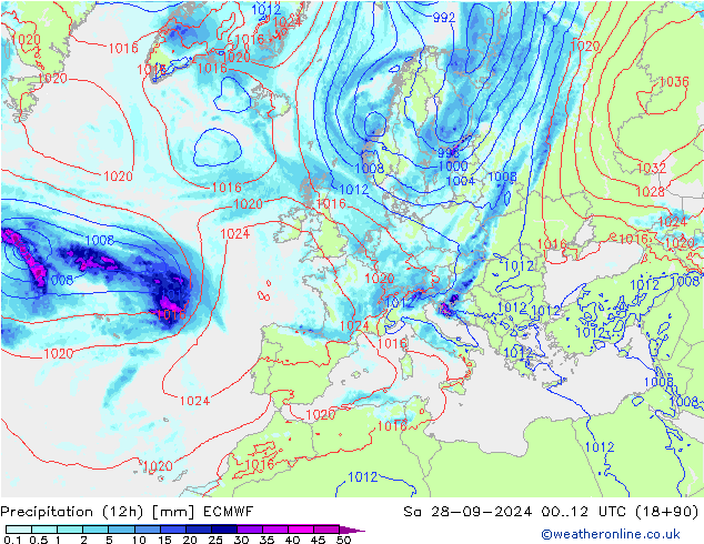 Precipitation (12h) ECMWF Sa 28.09.2024 12 UTC