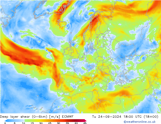 Deep layer shear (0-6km) ECMWF Ter 24.09.2024 18 UTC