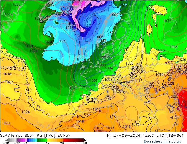 SLP/Temp. 850 hPa ECMWF Sex 27.09.2024 12 UTC